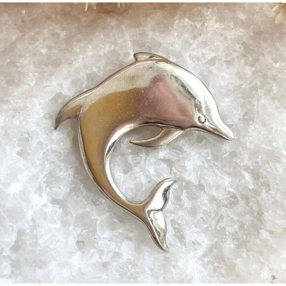 Dolphin Figural Morning Sun Signed Polished Sterling Silver Vintage Brooch - Picture 1 of 10